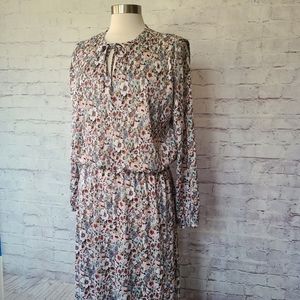 Vintage Sears Floral Elastic Waist Long Sleeve Midi 80s Day Dress